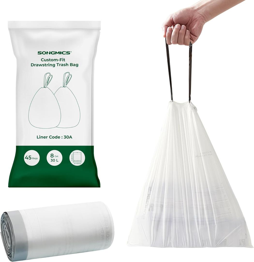 SONGMICS Trash Bags for 8-Gallon (30L) Trash Cans, 45 Count Drawstring Kitchen Garbage Bags, Pre-Separated, Liner Code 30A, 1 Roll, White UKRB30A