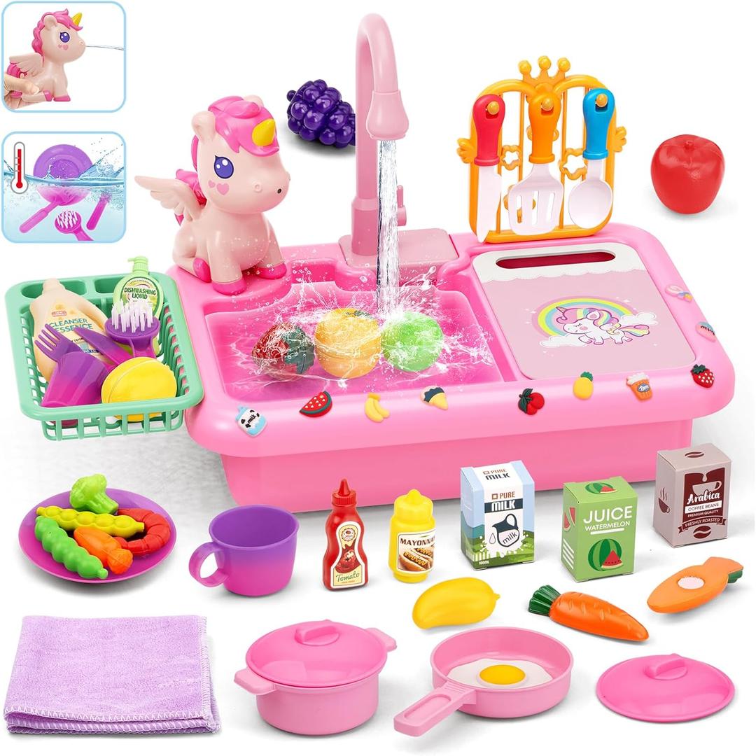 deAO Play Kitchen Sink Toys,Kids Electric Dishwasher Play Sink with Running Water, Play Kitchen Accessories,Real Faucet for Water Play, Pretend Play for Toddlers 3+,Pink
