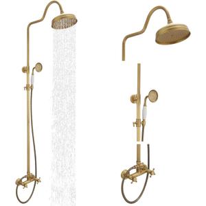 BWE Antique Brass Shower Kit Exposed Shower System 8-Inch Rainfall Shower Head with Handheld Spray High Pressure Double Cross Knobs Shower Fixture Wall Mount