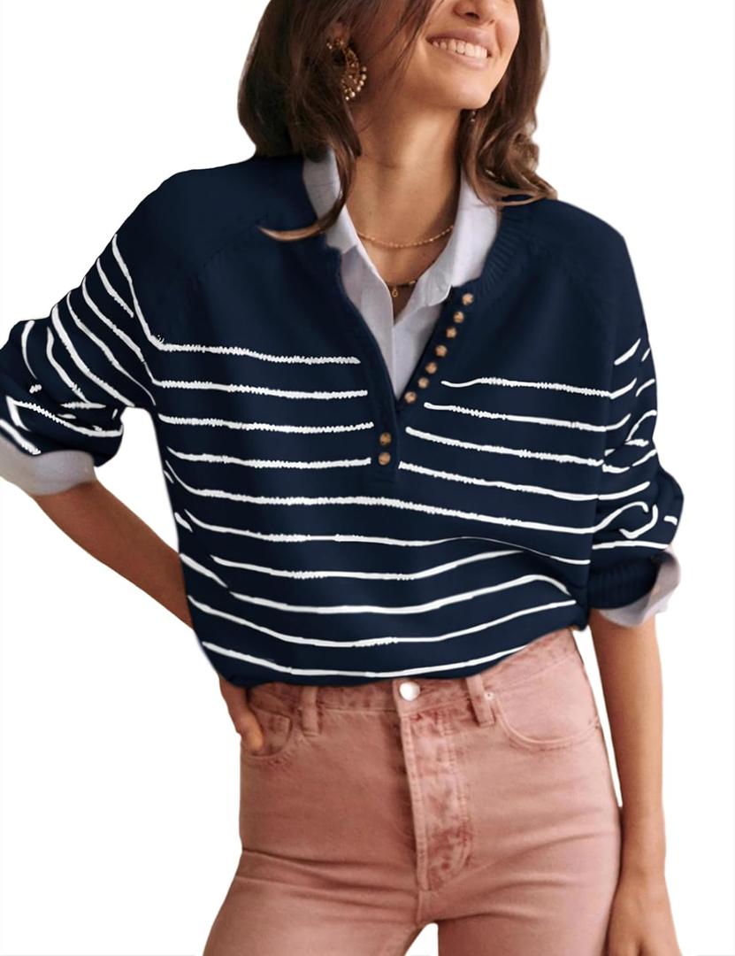 Hongsui Women's Color Block Striped Sweaters Button Up Crewneck Pullover Ribbed Knit Sweater Tops (Navy, Small)