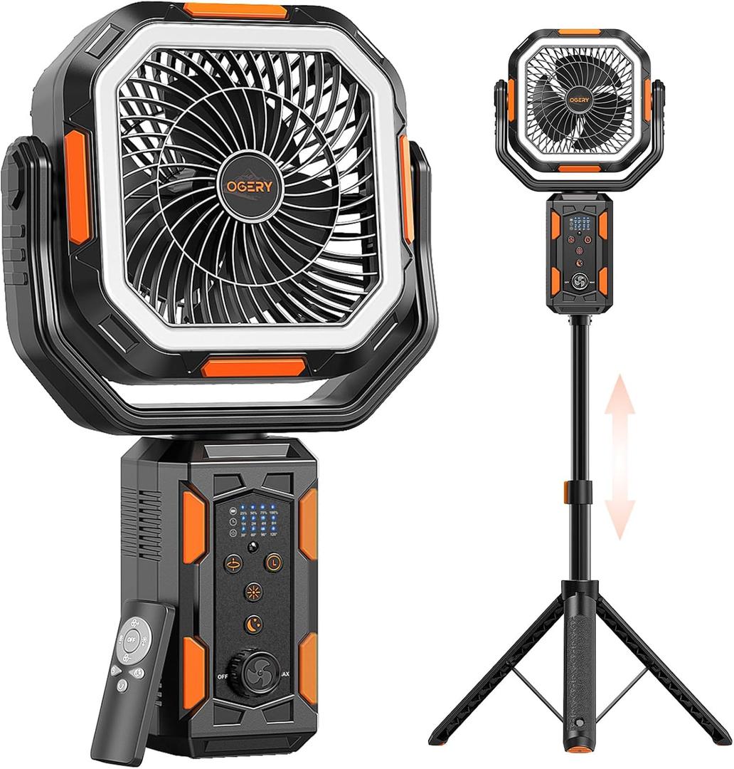 OGERY Portable Camping Fan, 20000mAh Rechargeable Fan with LED Lights & 270° Pivot, Remote Control Shaking Head Desk Fan for Tent Travel Bedroom