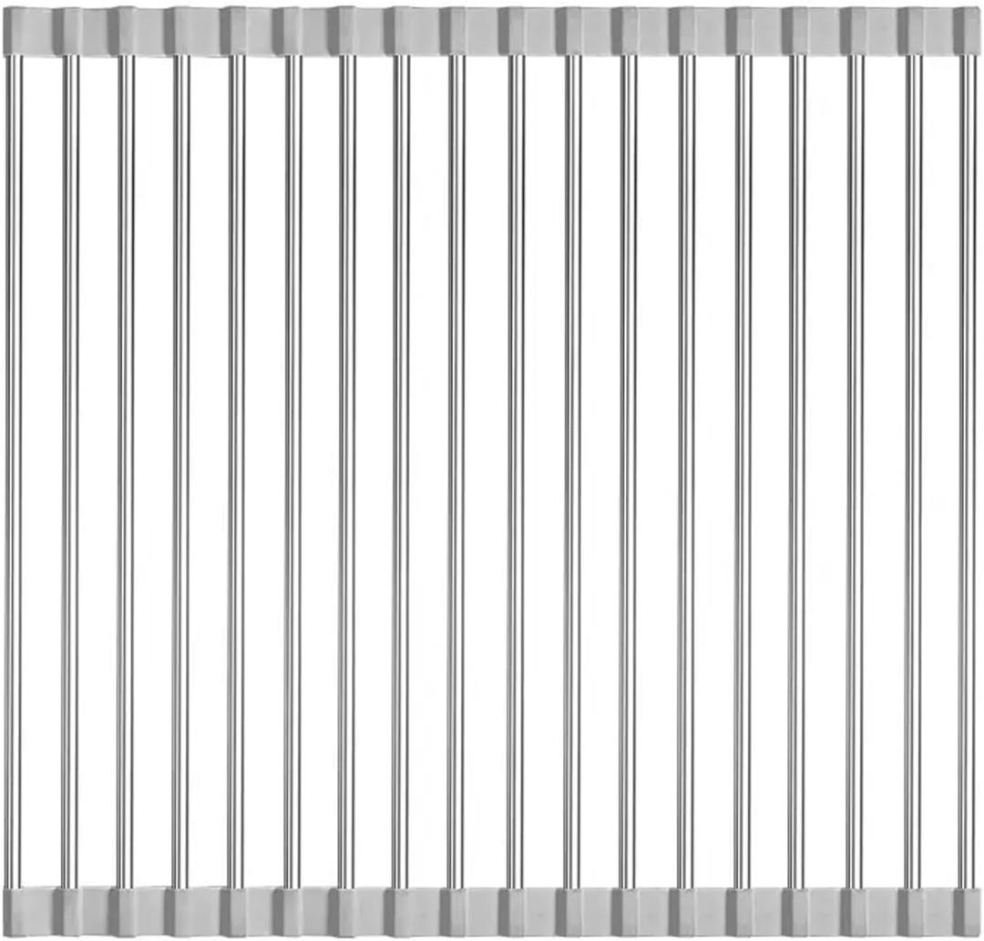 Roll Up Dish Drying Rack Over Sink, SUS304 Stainless Steel, Foldable 18-Tube Design, Gray, 13.8 x 17.7 Inch (Gray, Large)