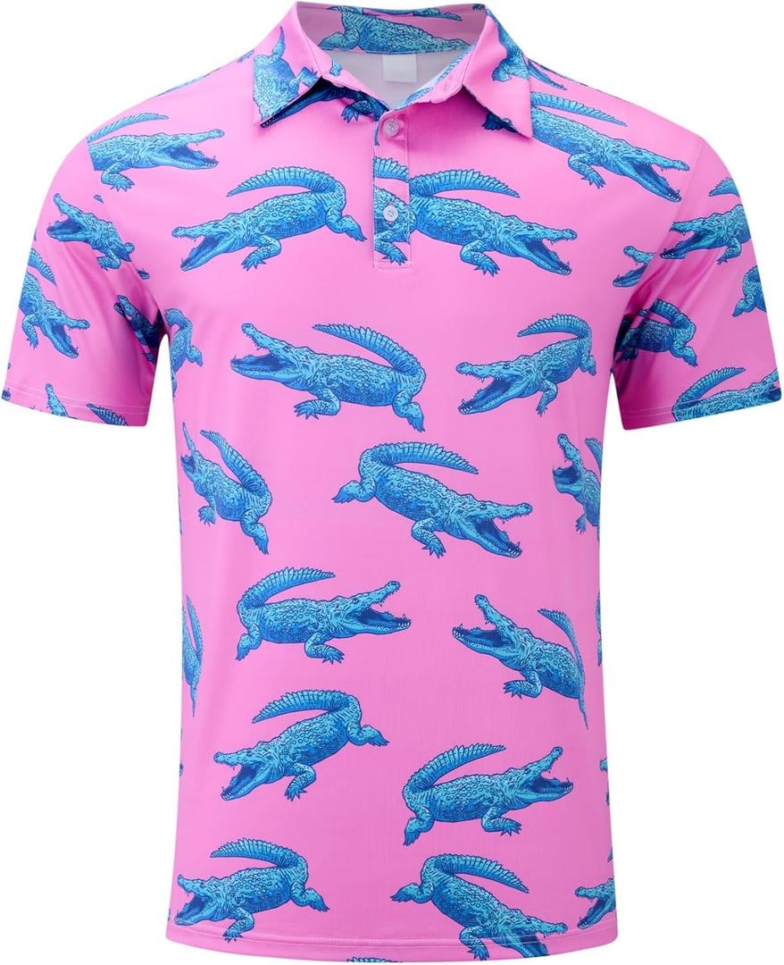 Uideazone Mens Polo Shirts Short Sleeve Dry Fit 3D Print Moisture Wicking Funny Golf Shirt (Small, Crocodile)