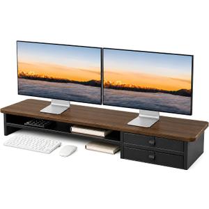 Dual Monitor Stand, 42.5 Inch Wood Monitor Riser with Drawers, 2 Tier Desktop Organizer for Computer Laptop TV, Large Screen Stand for Home Office Desk