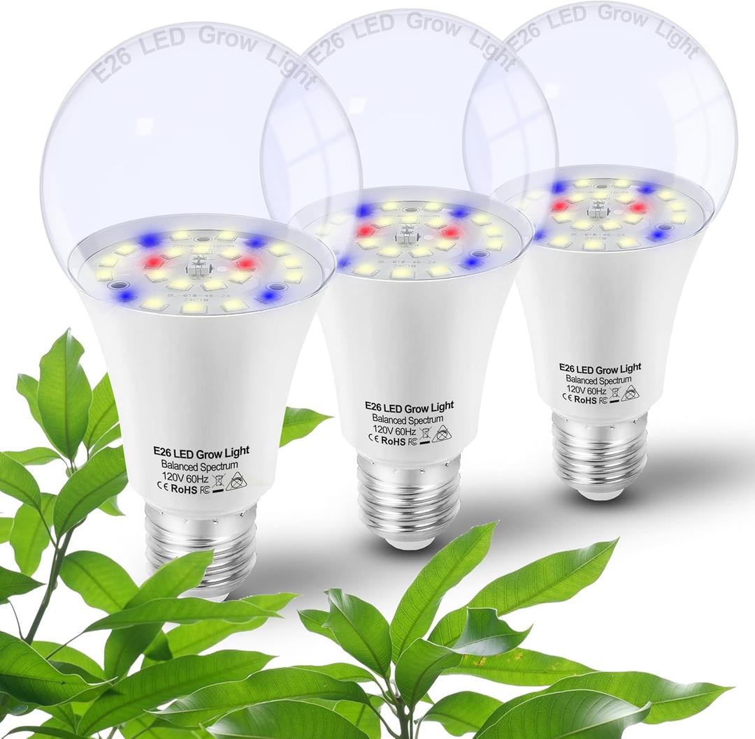 Grow Light Bulbs for Indoor Plants Full Spectrum,E26 A19 Grow LED Lamp Bulb 10W with Balanced Spectrum 5000K Red Blue for Seeds Greens Laboratory, School, Greenhouse, Indore Garden, Hydroponic,3Pack