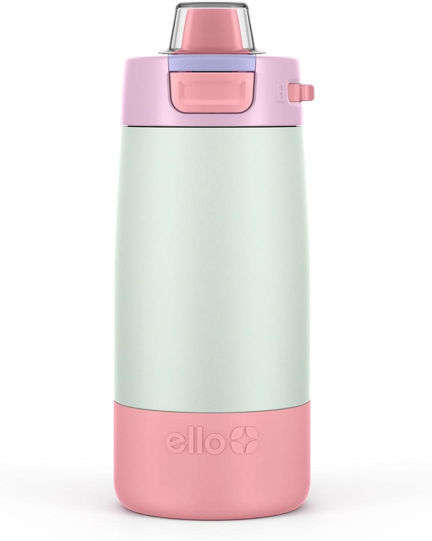 Ello Kids Colby 12oz Stainless Steel Insulated Water Bottle with Straw and Built-In Silicone Coaster Carrying Handle and Leak-Proof Locking Lid for School Backpack, Lunchbox, and Outdoor Sports (Frosted Petal)