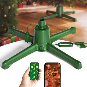 COOLWUFAN Musical Rotating Christmas Tree Stand with Remote Control, Built-in Electrical Outlets Xmas Tree for Up to 9ft Artificial Trees, Stable 360 Degree Spinning Tree Base Holder