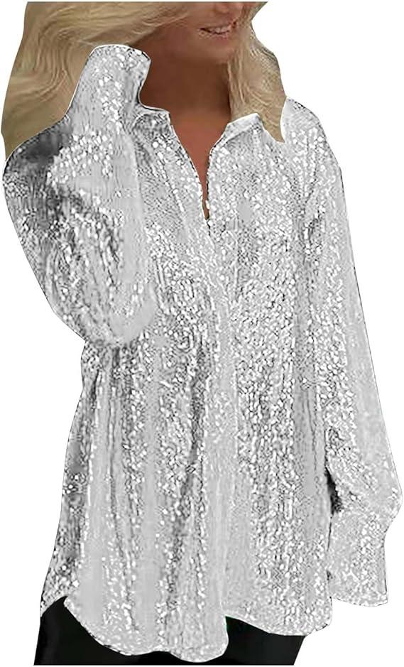 Women's Party Sequin Blouse See Through Lace Long Sleeve Tops Beaded Sparkly Novel Shirts Elegant Casual Sparkly Tees, Size L