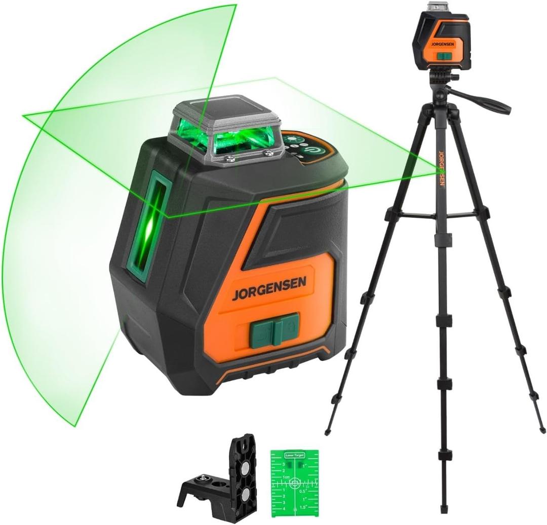 JORGENSEN 360 Laser Level with Tripod, 100 FT Rechargeable Self Leveling Cross Line Laser Leveler Tool with Magnetic Base, Wide Angle Green Laser Level for Picture Hanging, Floor Tile, Construction