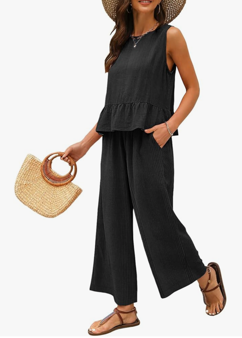 EVALESS Two Piece Sets for Womens Fashion 2025 Dressy Matching Sets Womens Clothes Sleeveless Summer Vacation Outfits XL