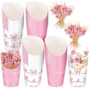 250 Pcs Pink Bow Charcuterie Cups with Picks Set 50 Pcs 16oz French Fries Cups 200 Cocktail Picks Disposable Snack Containers Fruit Sticks Bachelorette Party Supplies Birthday Party Decor