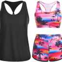 Yonique 3 Piece Athletic Tankini Swimsuits for Women with Shorts Swim Tank Tops with Sports Bra and Boyshorts Bathing Suits Pink Tree, Size Medium