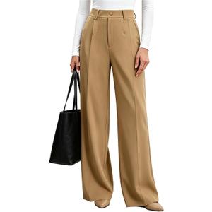 Agenlulu Women's Wide Leg Dress Pants High Waisted Strechy Straight Leg Pants Business Casual Pull On Office Work Slacks (Beige, L)