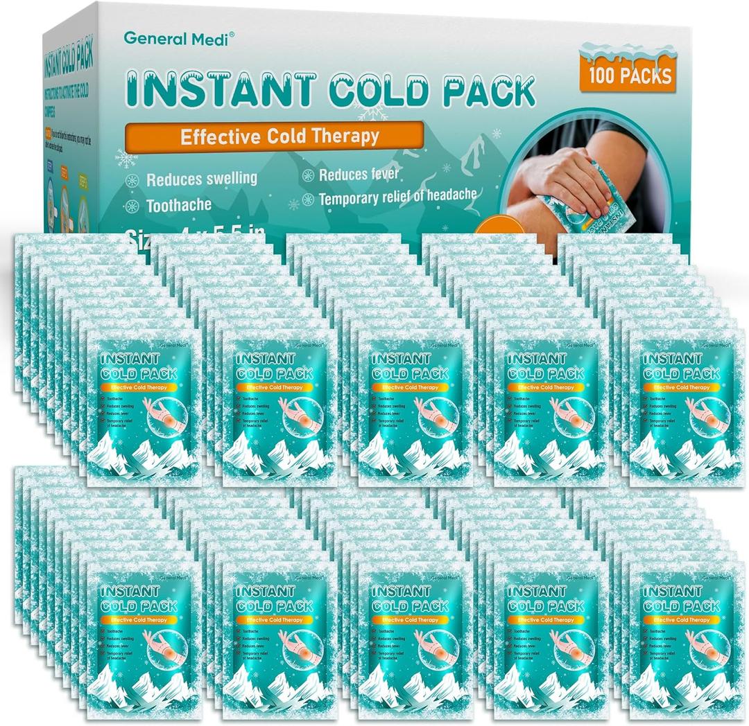 General Medi Instant Ice Cold Pack (4x 5.5)  100 Packs Disposable Cold Therapy Ice Packs for Pain Relief, Swelling, Inflammation, Sprains, Toothache  for Athletes & Outdoor Activities