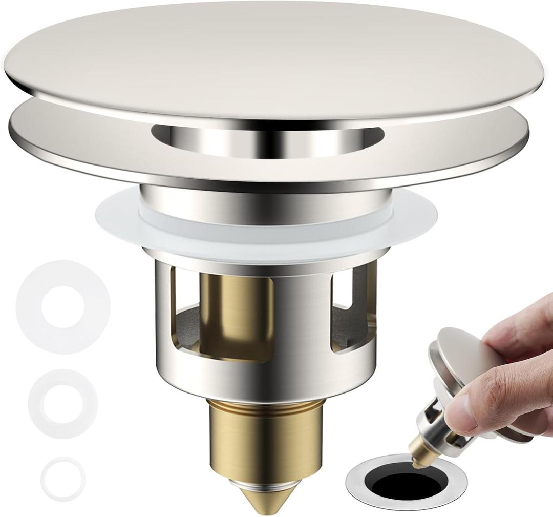 Hygie Rinse Universal Bathroom Sink Stopper All Metal 2 in 1 Pop Up Basin Sink Drain Strainer for 1.1~2.3 Inch US Standard Sink Drain Strainer with Hair Catcher, Anti-Clog, Brushed Nickel