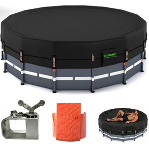 QH.HOME 550D Pool Cover 24 ft Round Above Ground [Upgraded Tear Resistant & Quadruple Windproof] wth Pre-Installed Patented Winch and Rope-Snug Fit & Waterproof Protection