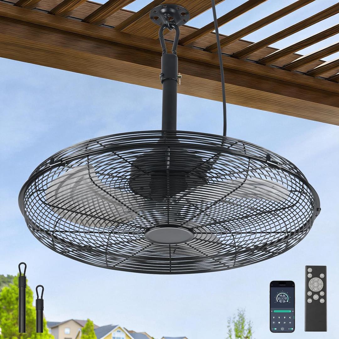 AHAWILL Outdoor Ceiling Fan, 20" Gazebo Fan with Remote,6 Speed, Noiseless, Reversible,Plug in Ceiling Fan with Hook for Pergola, Canopy,Porch(Black), Medium