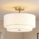 16" Semi Flush Mount Ceiling Light Fixture, 3-Light Black Flush Mount Ceiling Light with Double Drum Fabric Shades for Dining Room Bedroom Kitchen Hallway Living Room, E26 Socket, Large