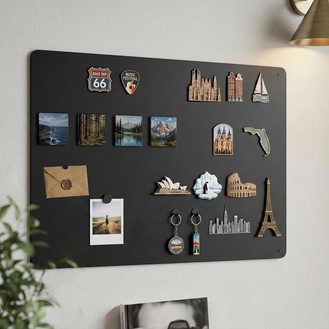 Magnetic Board for Wall 23.6" x 15.7" : Black Metal Display Board for Travel Souvenir Magnets & Art Collections | Heavy-Duty Metal Panel for Hobbyists with Screw Mount Hardware