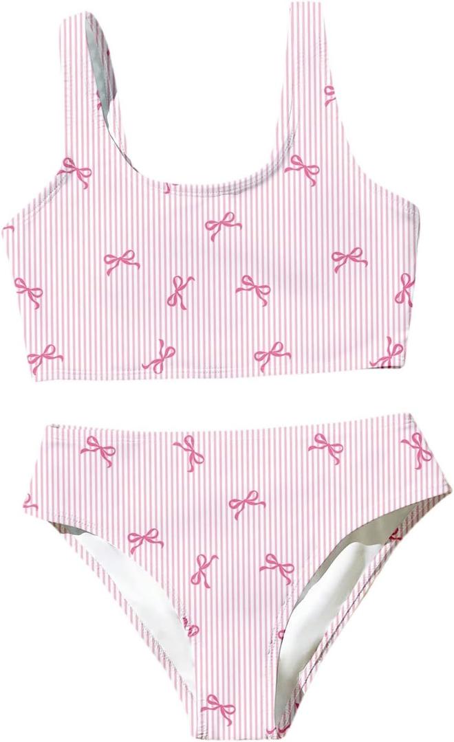 Girl's 2 Piece Striped Bowknot Swimsuit Set Wireless Cute Bathing Suit Summer Beachwear Bikini Sets (Pink, 14 Years)