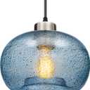 Modern Hand Blown Pendant Lights Kitchen Island, Blue Seeded Glass Pendant Light Fixtures, Brushed Nickel Globe Ceiling Hanging Light Fixture Foyer Entryway Dining Room, 1-Pack