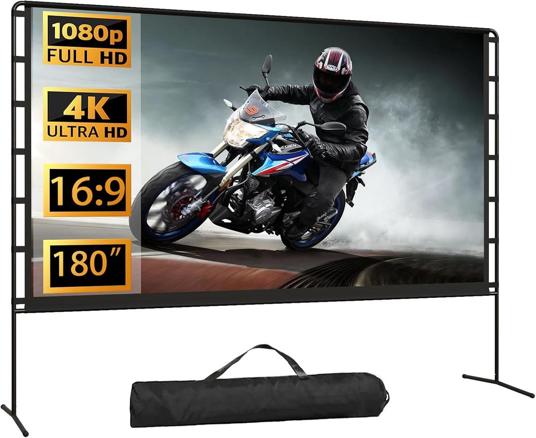Projector Screen with Stand, 180 inch Foldable Outdoor Projector Screen 16:9 HD 4K Portable Projector Screen 1.1 Gain Outdoor Movie Screen with Carry Bag for Home Theater or Office