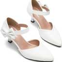 fereshte Women's Pointed Toe Bow Ankle Strap Kitten Heel Pumps, D'Orsay Style Dress Shoes (White), 46