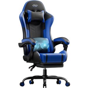 HLDIRECT Gaming Chair, Ergonomic Video Game Seat with 360 Swivel & Lumbar Massage, Computer Chair PU Leather Cushion for Adults Home/Office Use (Black & Blue)