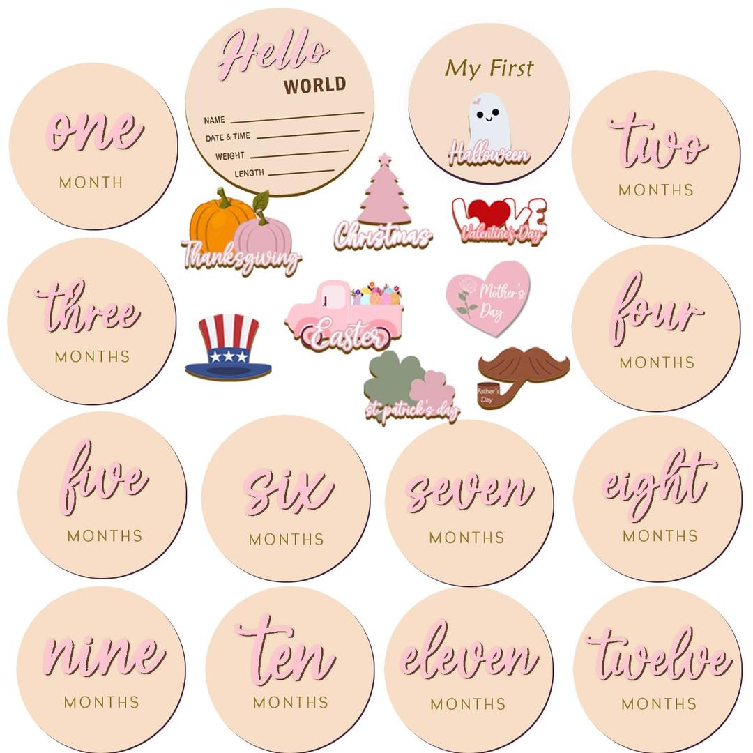 Monthly Baby Milestone Maker Discs, Baby Milestone Signs for Newborn Baby, Hello World Newborn Sign for Baby Girl & Boy, Baby Announcement Sign for 1-12 Month, Milestone Wooden Circles (Pink)