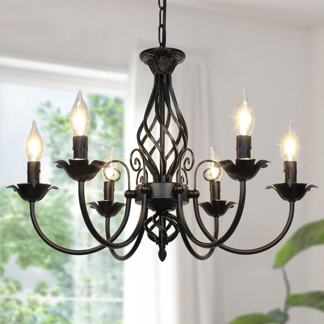 6-Light Farmhouse Candle Chandelier for Living Room, Rustic Industrial Pendant Ceiling Light fixture, Vintage Hanging Lamp for Bedroom Hallway Kitchen Dining Room Foyer, Matte Black E12 Socket Black, 6-Light(22")