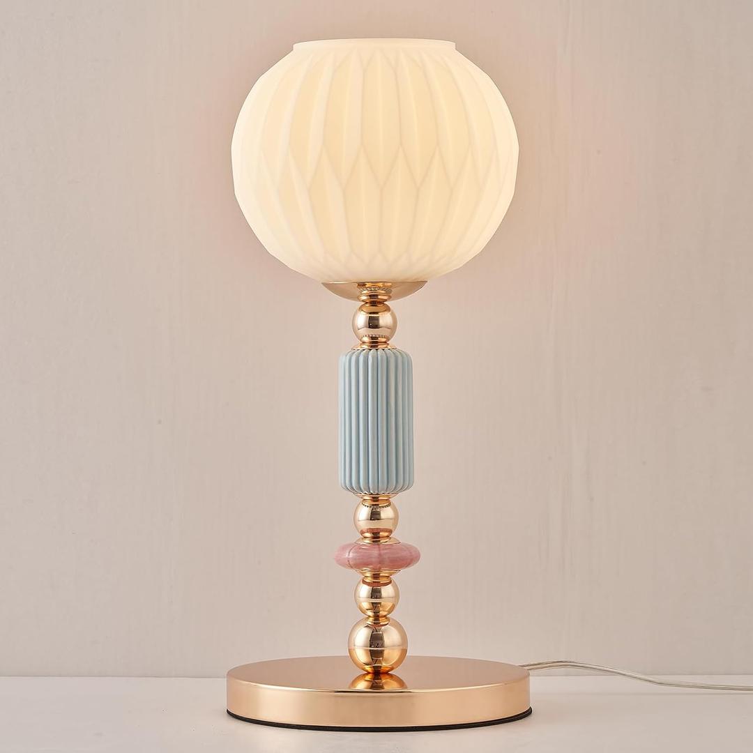 Modern Milk White Glass Table Lamp Bedside Nightstand Lamp Metal Desk Light with Plug Cord Switch for Bedroom Living Room Dining Room (7.4in)