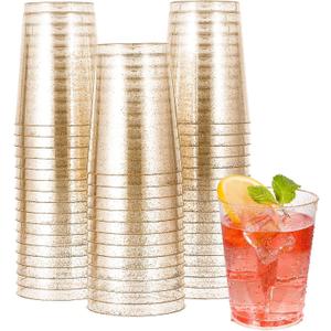 JOLLY CHEF 50 Pack 10 oz Gold Plastic Cups, Disposable Gold Glitter Plastic Cups Perfect for Wedding, Thanksgiving, Halloween,Christmas Parties