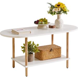 Oval Coffee Table White, Small Wooden Coffee Table for Small Space, Tea Table Stand 35 * 16 * 17 inches, 2 Tier Center Table for Living Room White YD-012W