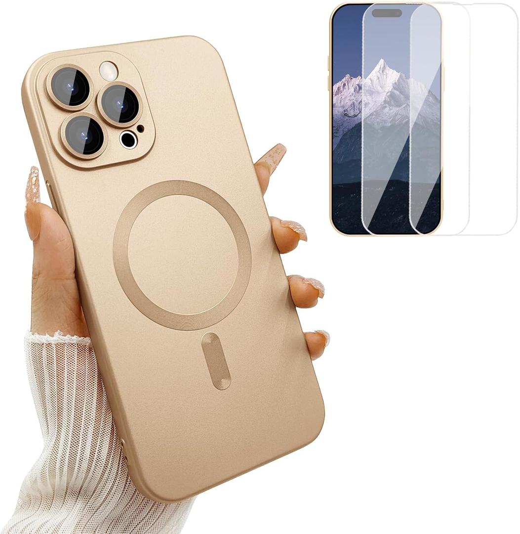 Magnetic Case for iPhone 15 Pro Max Phone Case for Women, [Compatible with MagSafe] Matte Metallic Design with Lens Protectors & 2 Screen Protectors for iPhone 15 Pro Max 6.7"-Champagne Gold