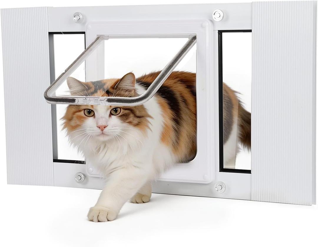 Full-Size Cat Door for Window Weatherproof,Fits 24"-28" Width Windows,Quick Install with No Damage,4 Locking Mechanisms,Magnetic Closure Cat Window Door,Aluminum Frame Pet Door for Window, 23-28 inches
