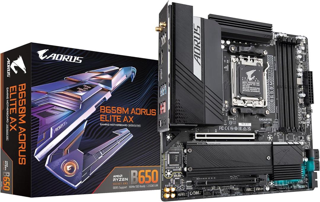 GIGABYTE B650M AORUS Elite AX (AM5/ LGA 1718/ AMD B650/ Micro-ATX/ DDR5/ 2* M.2/ PCIe 5.0/ USB 3.2 Gen2X2 Type-C/Intel 2.5GbE LAN/Q-Flash Plus/EZ-Latch/Gaming Motherboard)