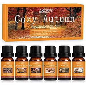SALUBRITO Fall Fragrance Oils Set, Autumn Essential Oil for Diffuser, Candle Making, Aromatherapy Oils Gift - Cinnamon, Pumpkin Spice, Vanilla, Snickerdoodle, Spiced Cider, Nutmeg, 6x10ml. Best Before: 05/15/28