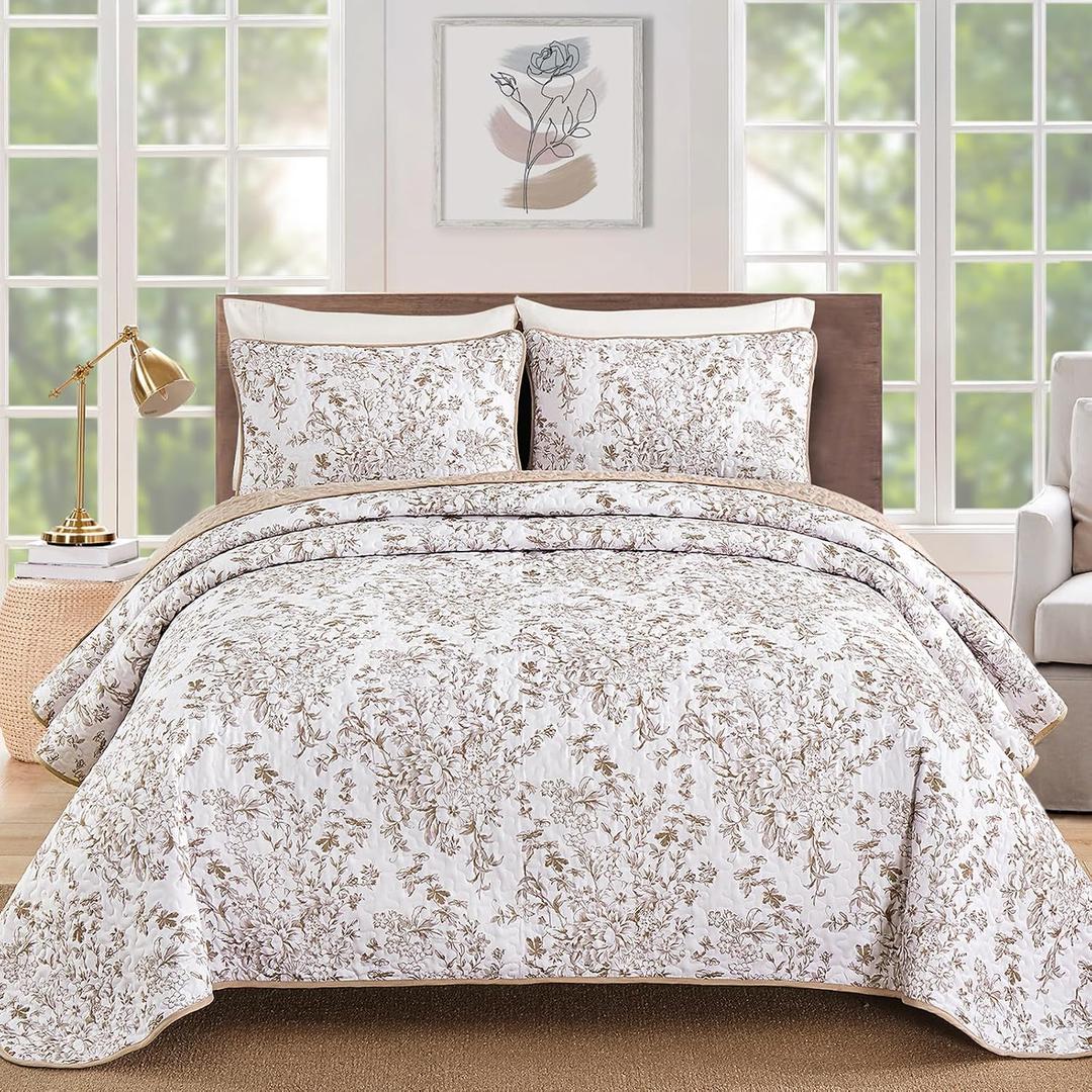 WONGS BEDDING California King Quilt Sets, Brown Quilt Bedding Set with 2 Pillowcases, Botanical Quilt for Cal King Bed, Soft Microfiber Lightweight Coverlet Bedspread for All Season (112"96")
