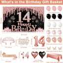 14th Birthday Decorations for Girls, 49pcs Black Rose Gold Black Banner, Tablecloth, Butterfly Decor, 14th Birthday Sash and Tiara, Cake Topper, Candles, Balloons Arch