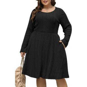Nemidor Womens Plus Size Scooped Neck Long Sleeve Ribbed Midi Swing Dress with Pocket NEM543 (Black)