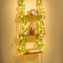 WOOD MEETS COLOR 3 Tier Macrame Wall Hanging Shelves with Artificial Ivy Leaves,Boho Room Decor Handmade Cotton Rope, Wooden Hanging Storage Floating Shelves for Small Plants, Living Room Bedroom