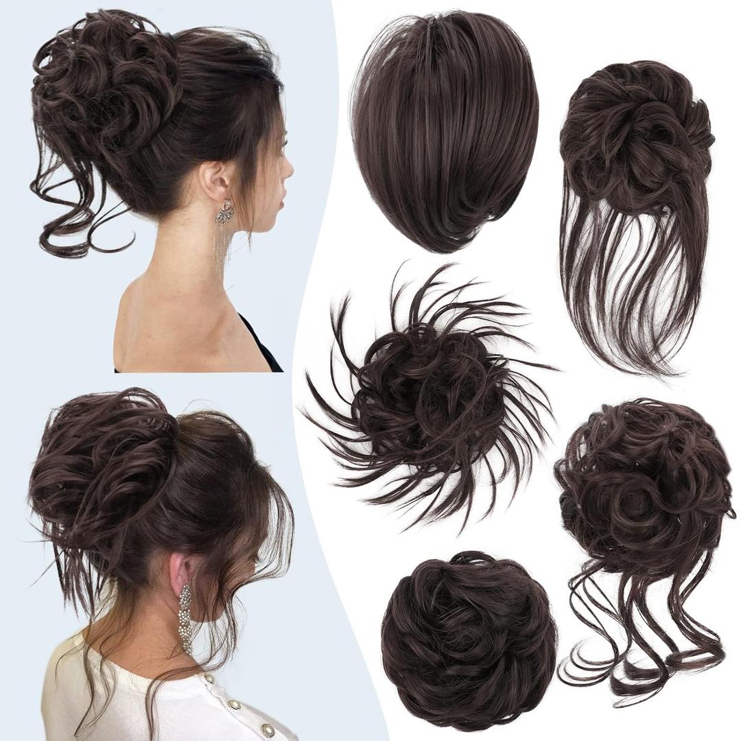 HMD 5 Pieces Messy Hair Bun Hairpiece Tousled Updo for Women Hair Extension Ponytail Scrunchies with Elastic Rubber Band Long Updo Messy Hairpiece Hair Accessories Set for Women (6A) (6A-Dark Brown)