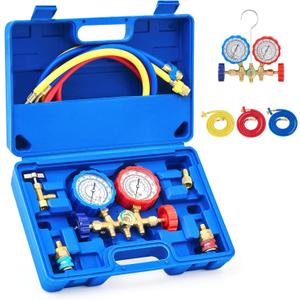 Orion Motor Tech 3 Way AC Diagnostic Manifold Gauge Set for Freon Charging, Fits R134A R12 R22 and R502 Refrigerants, with 3FT Hose, Tank Adapters, Quick Couplers and Can Tap