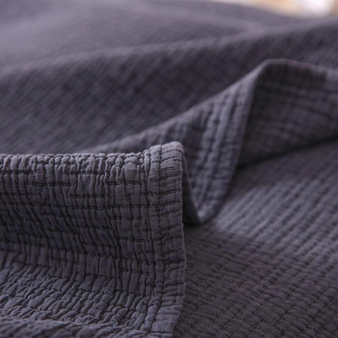 BOV Muslin Blanket for Bed - Soft-Aging Stonewashed Cotton Blanket and Pillow Cover Set, Timeworn Texture Muslin Blankets for Adults King Size Blankets for Bed Couch Sofa, Dark Gray 59"X98"