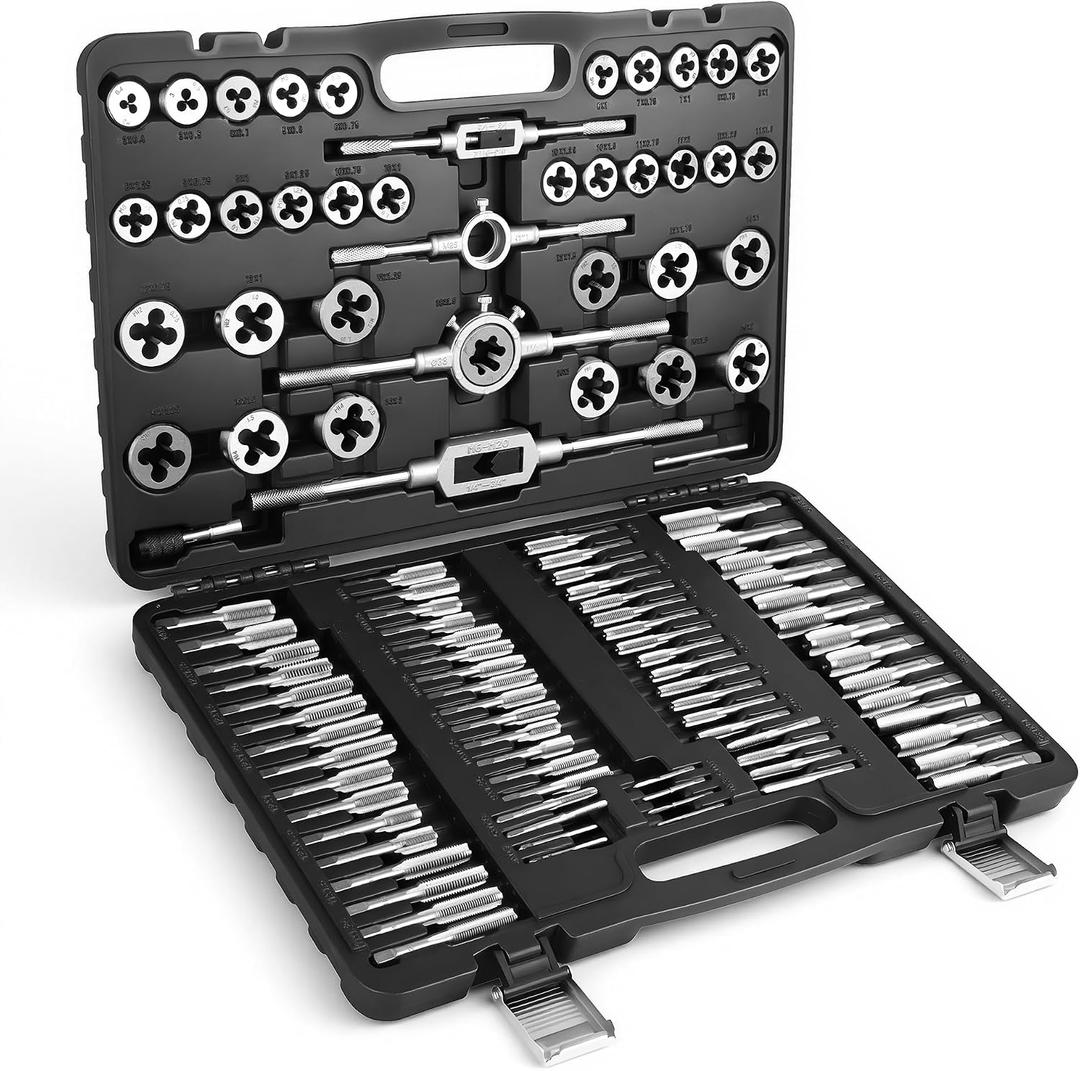 Anfrere 110pcs Tap and Die Set in Metric Sizes, Standard Tap Set and Die Tool Set for Threading and Rethreading Internal and External Threads, M2-M18 Thread Repair Kit