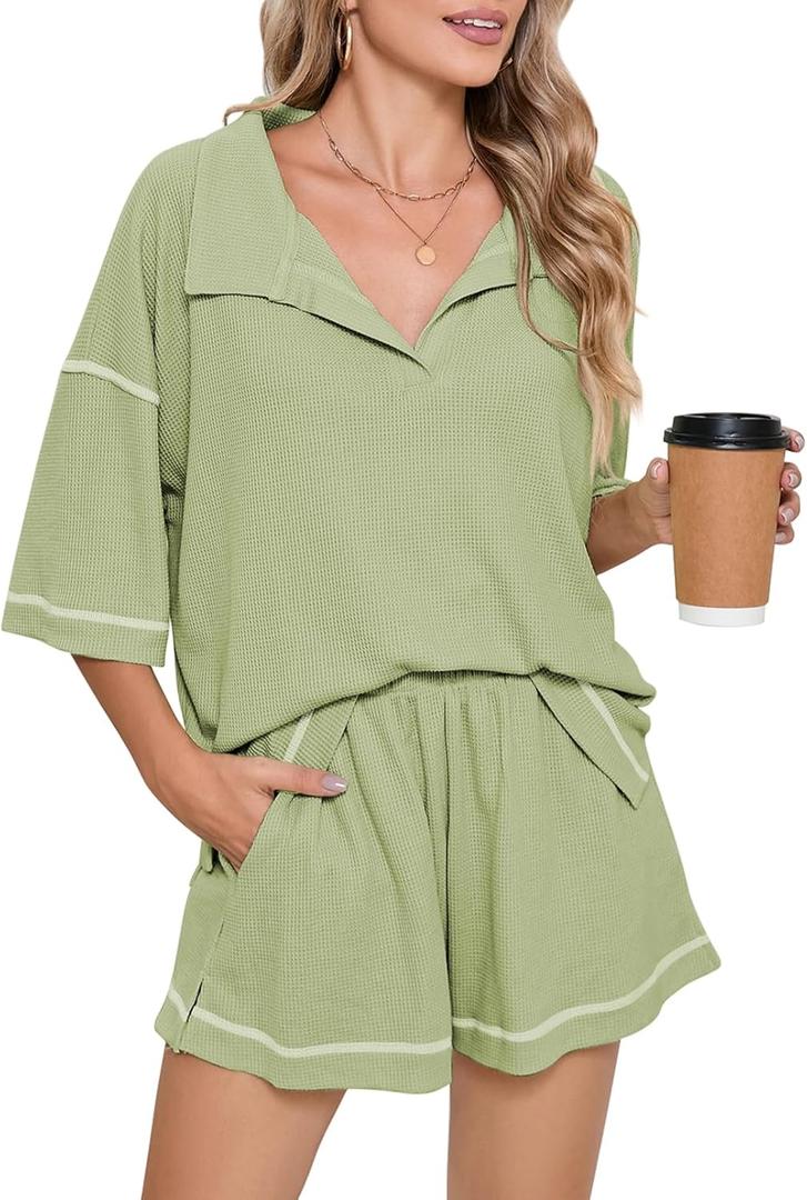 Pink Queen Womens 2 Piece Pajama Sets Short Sleeve Tops Lounge Sets Casual 2 Piece Outfits Summer Short Sets Loungewear (Medium, Light Green)