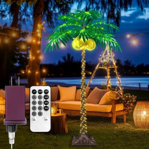 5FT LED Palm Tree with 350pcs Lights, Lighted Palm Tree for Outside Patio, Came with 3 Glowing Coconuts&Dimmable 8 Flashing Modes&Timer.