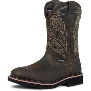 Steel Toe Work Boots for Men Cowboy Boots Square Toe Waterproof Leather Rancher Western Safety Shoes Brown (11 Narrow)