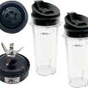 Blender 5-Fins Blade & 2 16oz Single Serve Cups with Lids Replacement Parts for Ninja, Base Extractor Blade for Nutri Ninja Blender 700 Watts QB3000, QB3000SS, QB3000SSW, QB3001SS 30, QB3004, QB3005