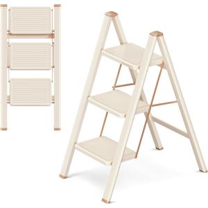 3 Step Ladder Folding Step Stool with Wide Anti-Slip Pedal, 330LBS Capacity, Lightweight Portable Stepladder for Home and Kitchen Use, Cream Chocolate
